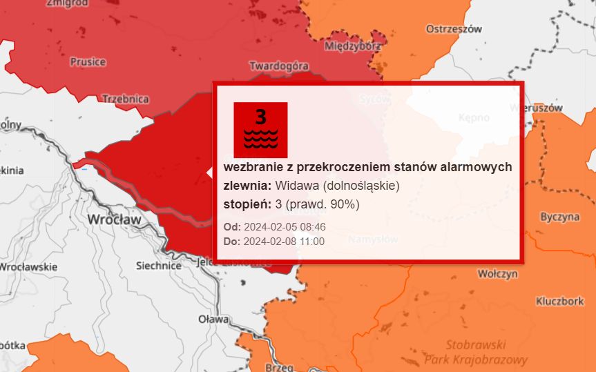 Zagrożenie powodziowe pod Wrocławiem. Rośnie poziom wody na Widawie /fot. screen z IMGW